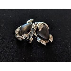 Vintage Emmons Unique Clip On Earrings Silver Tone Black Stud